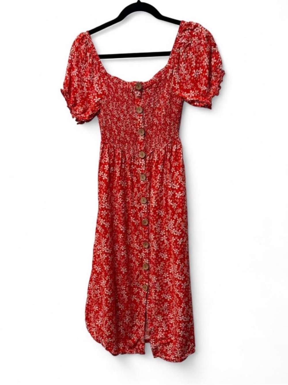 Roxy Red Floral Puff-Sleeve Button-Front Midi Dress